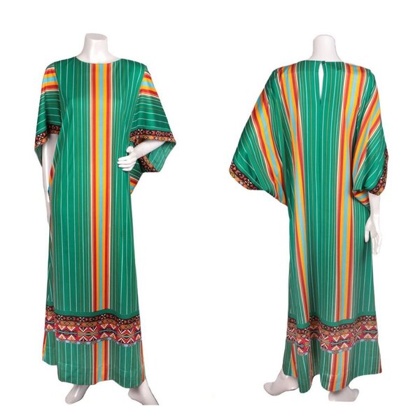 Vintage Gottex Maxi Caftan Dress Boho Kimono Hippie Stripe Green Yellow Red 70s - Picture 1 of 11